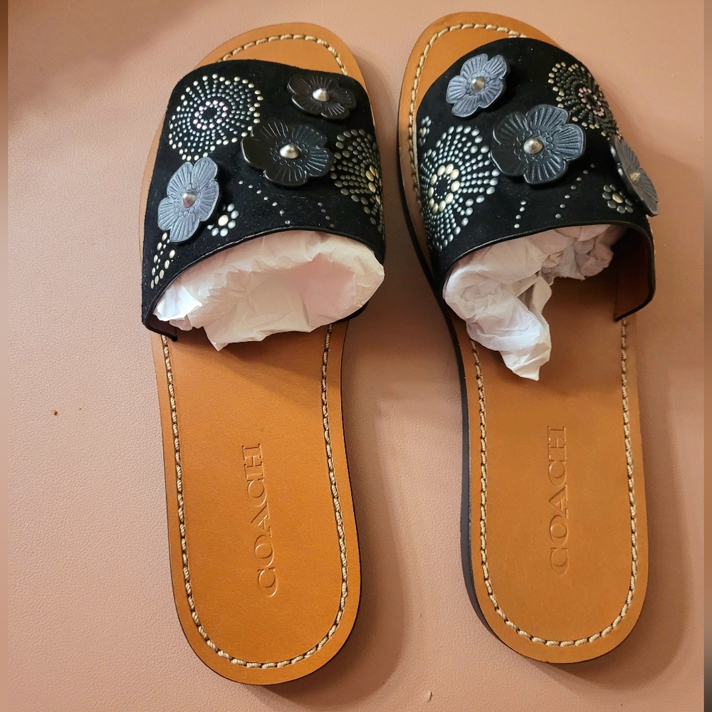 Coach Tea Rose Floral Rivet Stud Black Suede Slide Sandal Shoe
